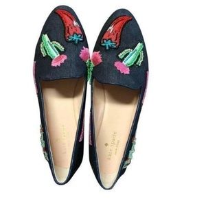 Kate Spade Women’s Size 7.5 Loafers Blue Denim Embroidered Cactus Chili Shoes
